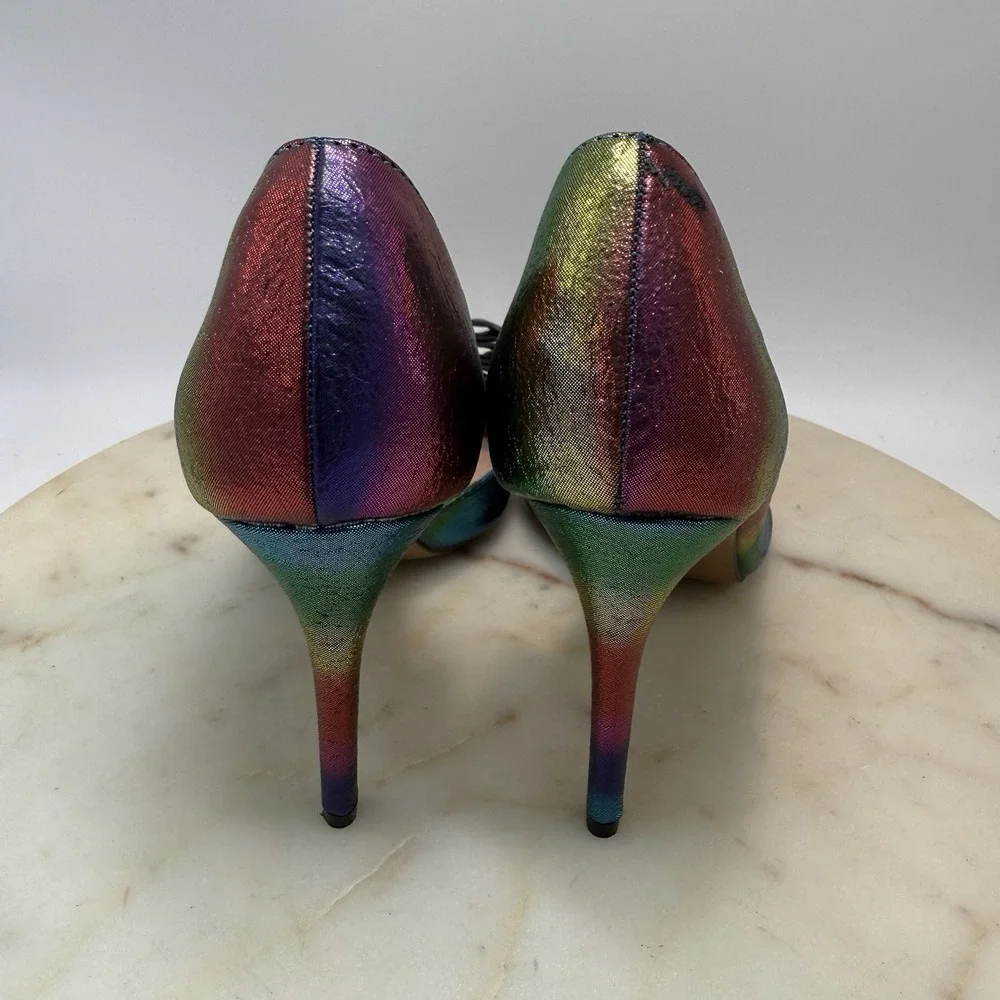 Betsey Johnson Bary Bary Rainbow Ombre Bow Heels Metallic Pointed Toe Size 6.5